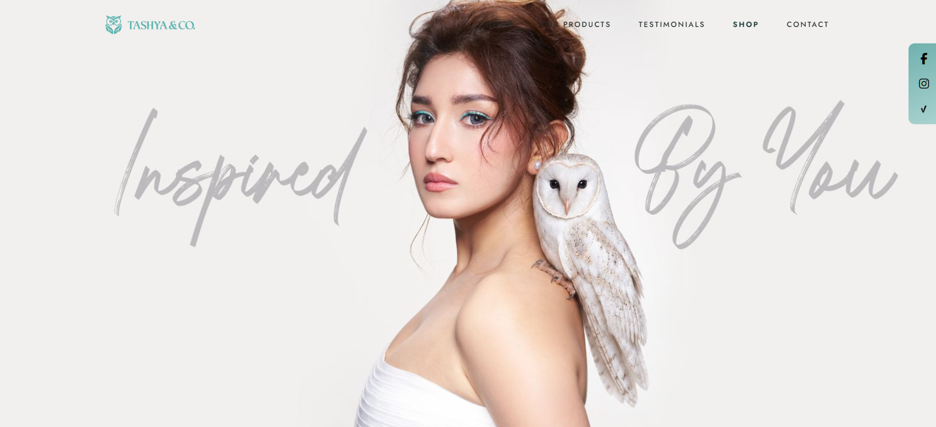 Tashya & Co. beauty brand website showcasing haircare products, beauty collections, and a modern editorial design
